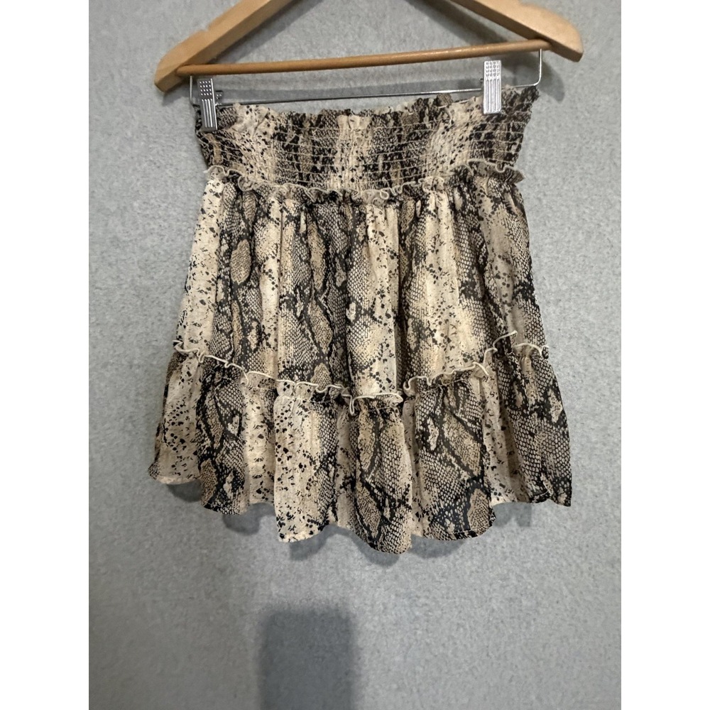 Snake Print Skirt Womens L Beige Ruffle Tiered Chiffon Mini Lined Elastic Waist
